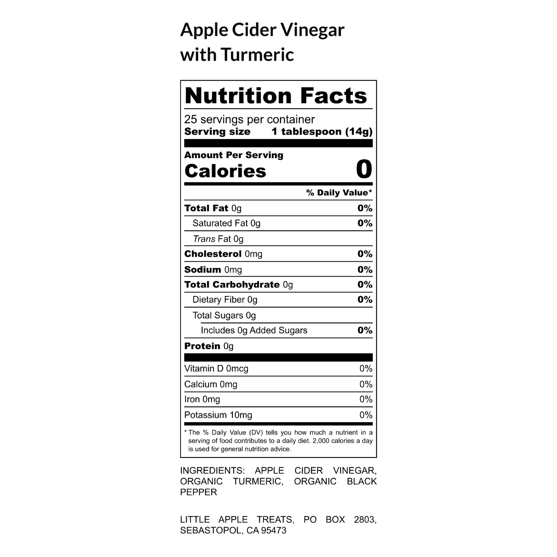 nutrition information for Apple Cider Vinegar made by Little Apple Treats, for our Orléans method apple cider vinegar with fresh turmeric and black pepper