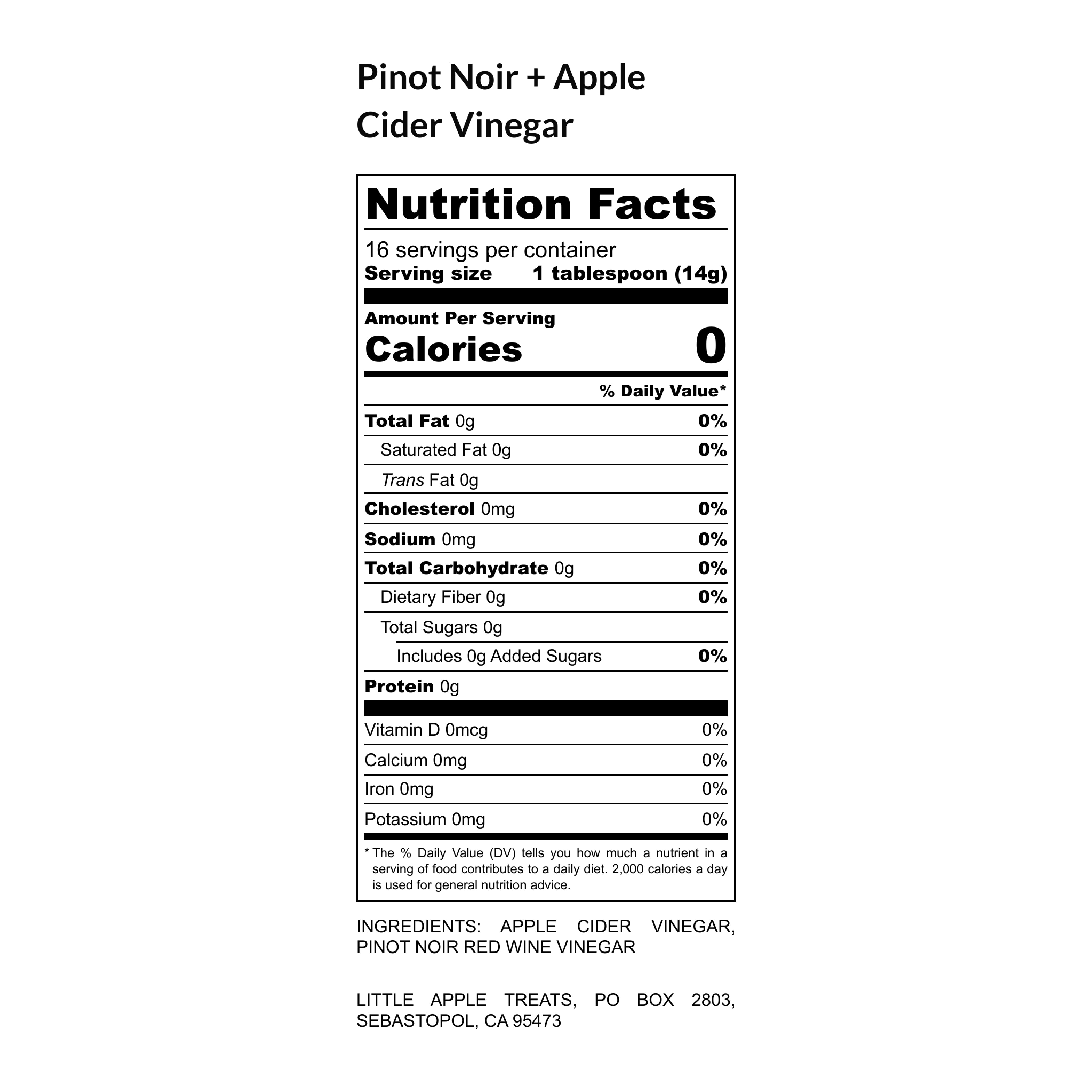 Nutrition Information for Little Apple Treats Pinot Noir + Apple Cider Vinegar, made using the slow-fermented Orléans method. Made with Sonoma County Pinot Noir grapes and our own heirloom apples.