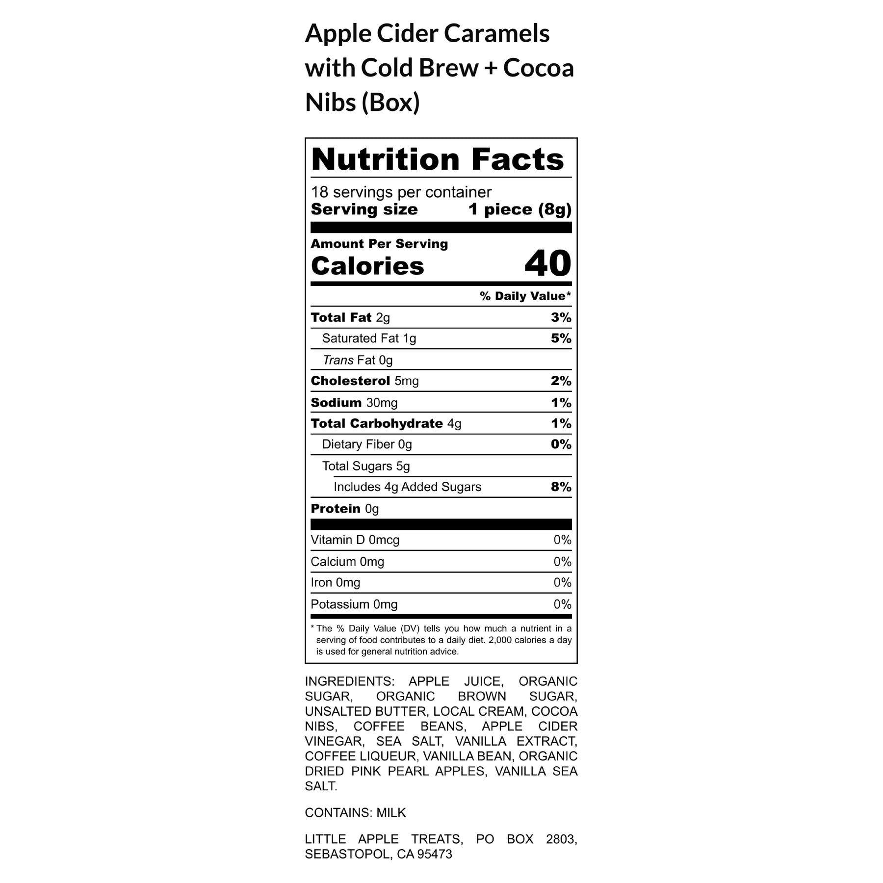 Nutrition information for Little Apple Treats artisan Cold Brew + Cocoa Nibs Apple Cider Caramels gift box