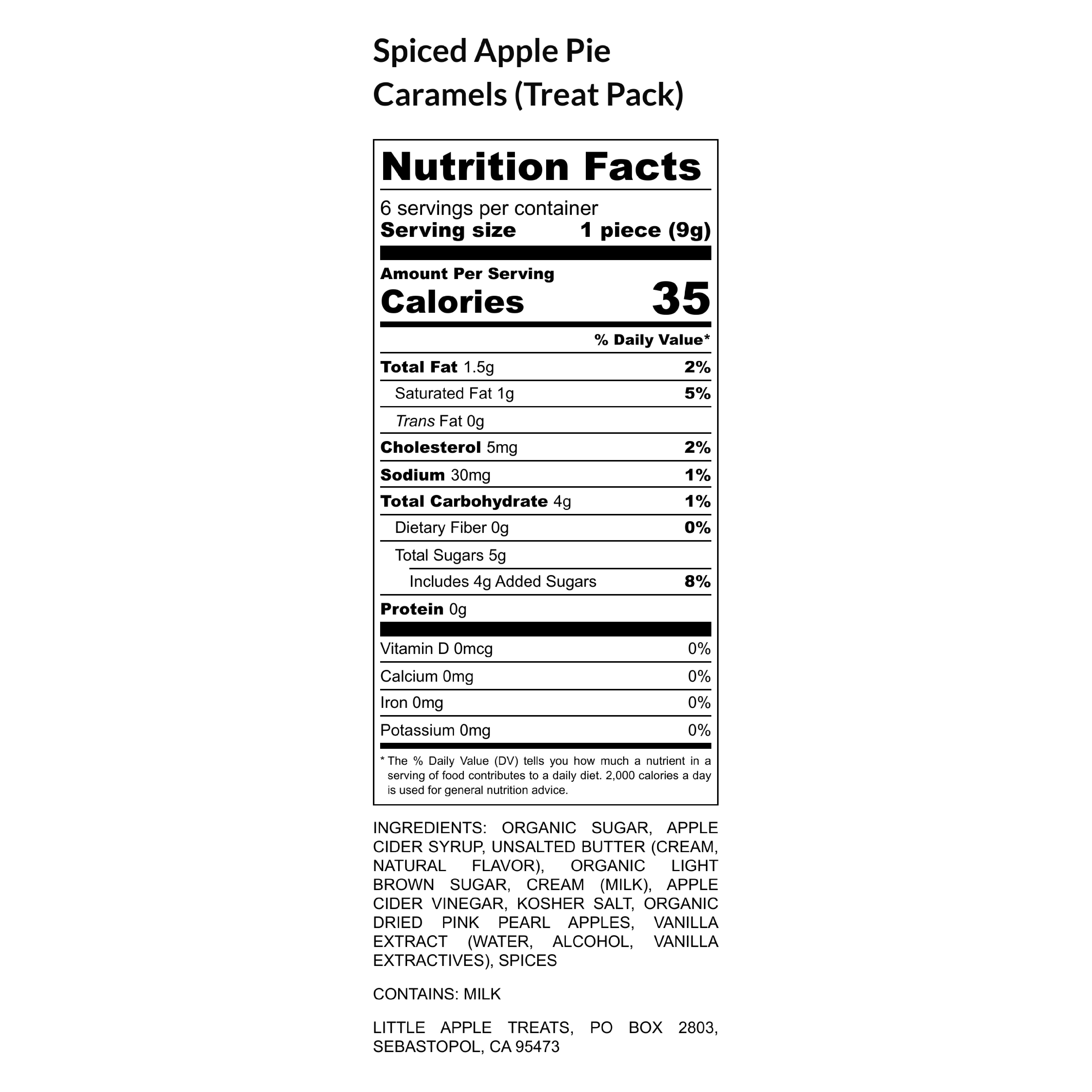 Nutrition information for Little Apple Treats artisan Apple Cider Caramels Spiced Apple Pie Treat Pack