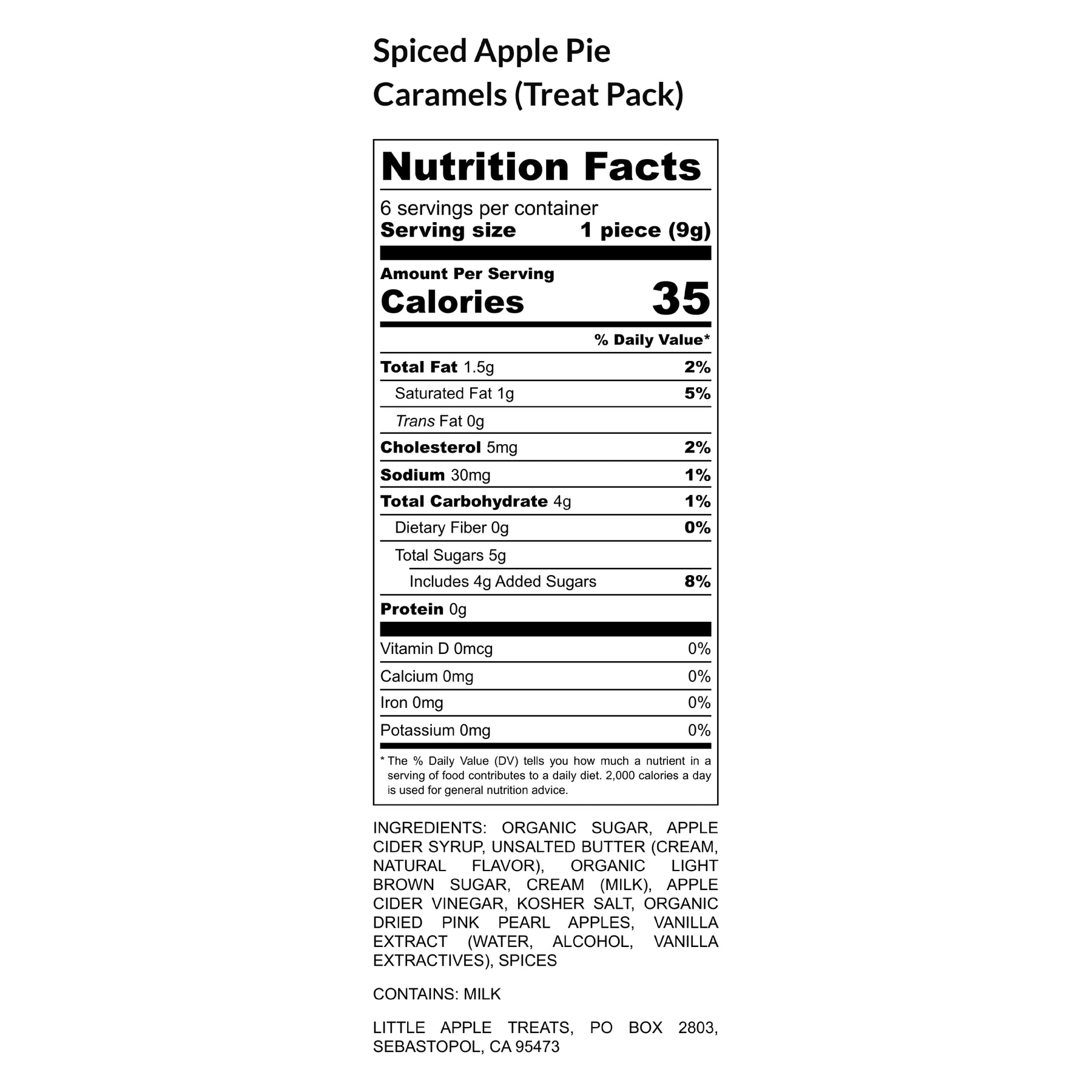 Nutrition information for Little Apple Treats artisan Apple Cider Caramels Spiced Apple Pie Treat Pack