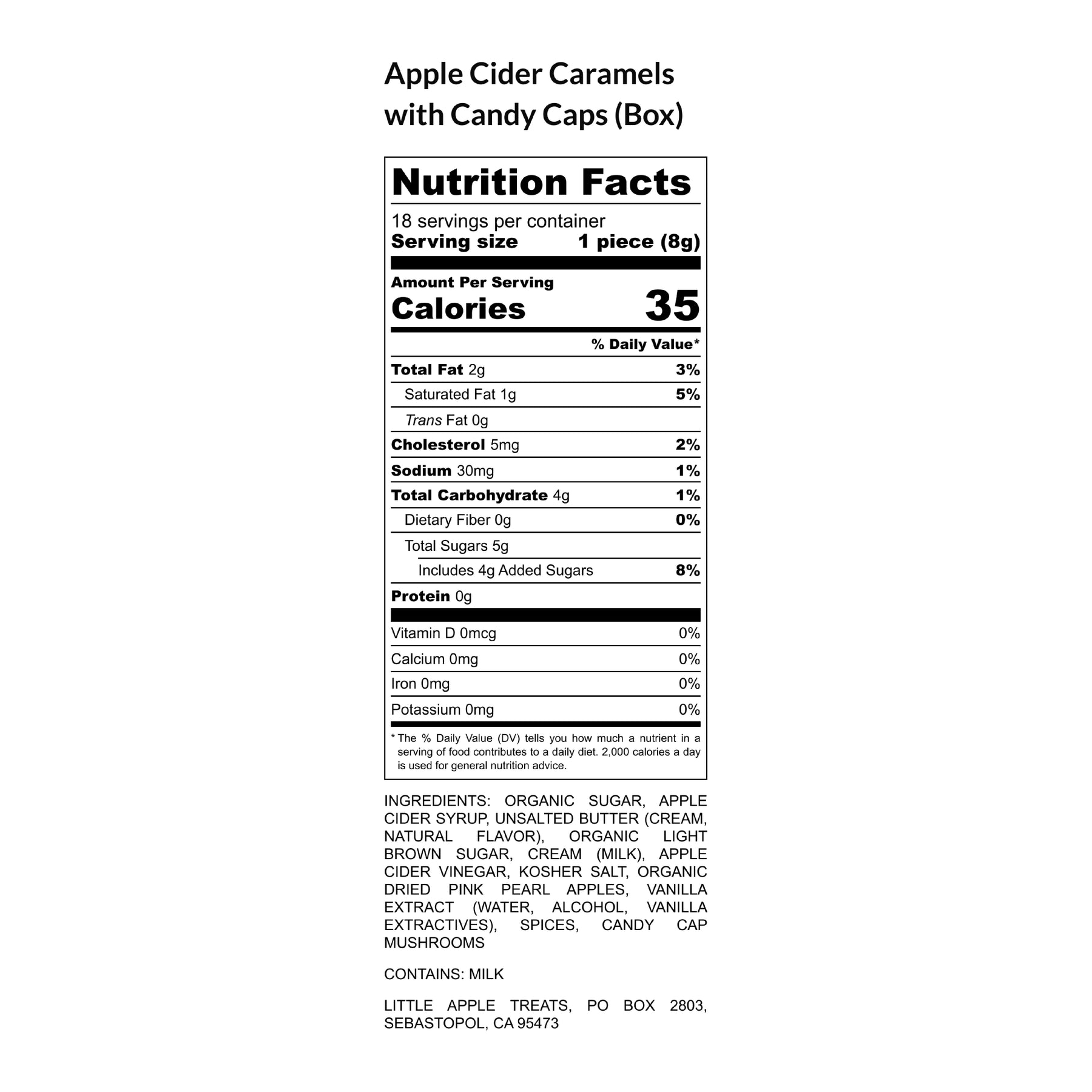 Nutrition facts label for Little Apple Treats Candy Cap Caramels made with Sebastopol apple cider syrup
