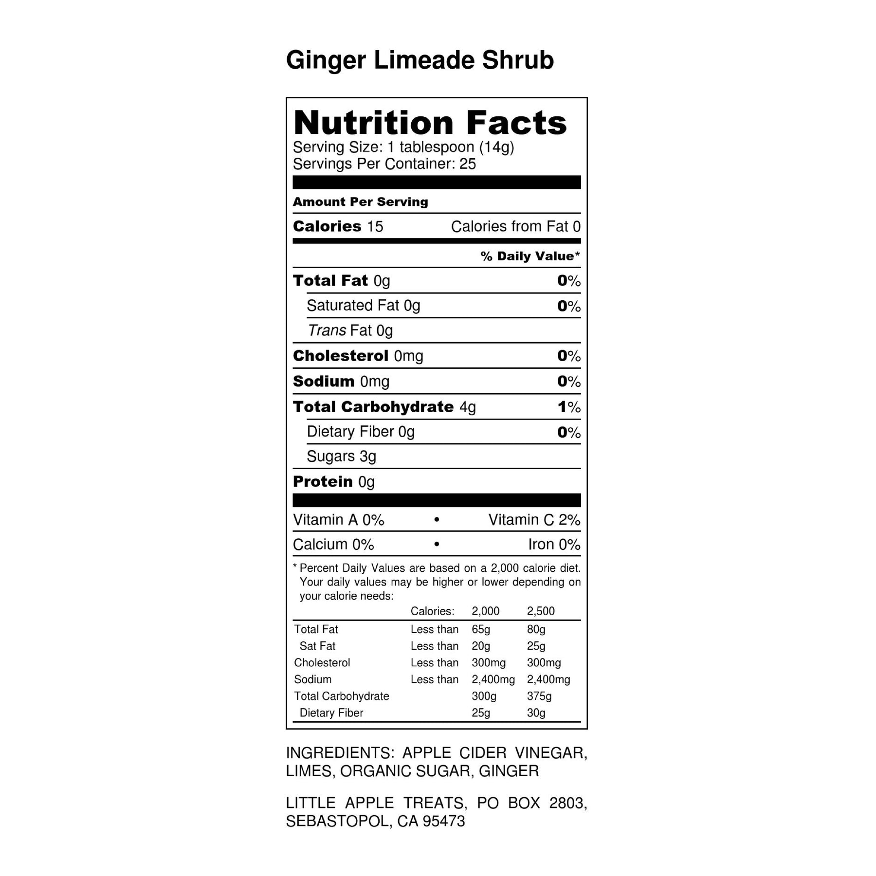 Nutrition Information for Little Apple Treats Ginger Limeade shrub made with our traditional Orléans style vinegar.