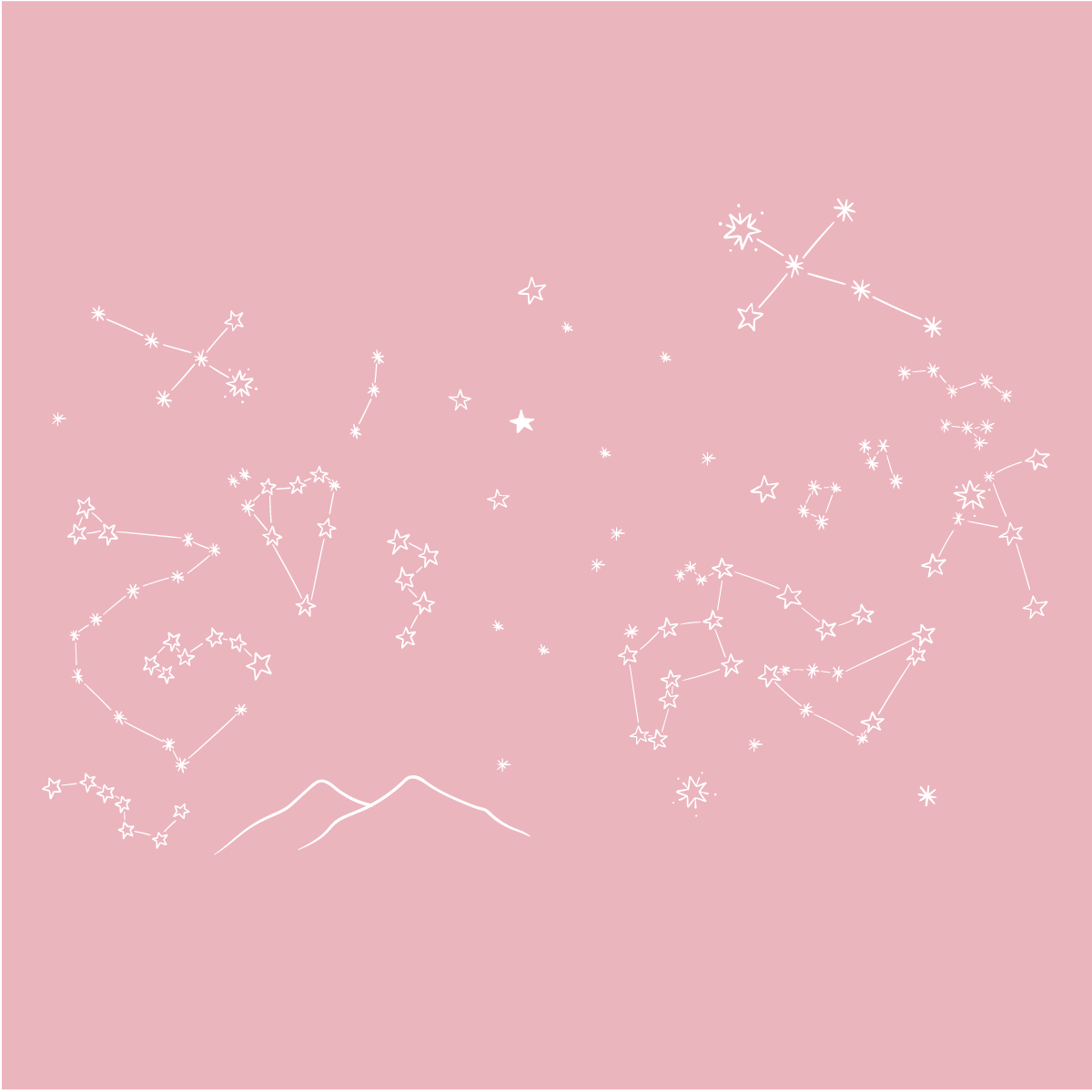 White stars and constellations from The Farm Is Mostly Sky jar on a pink background