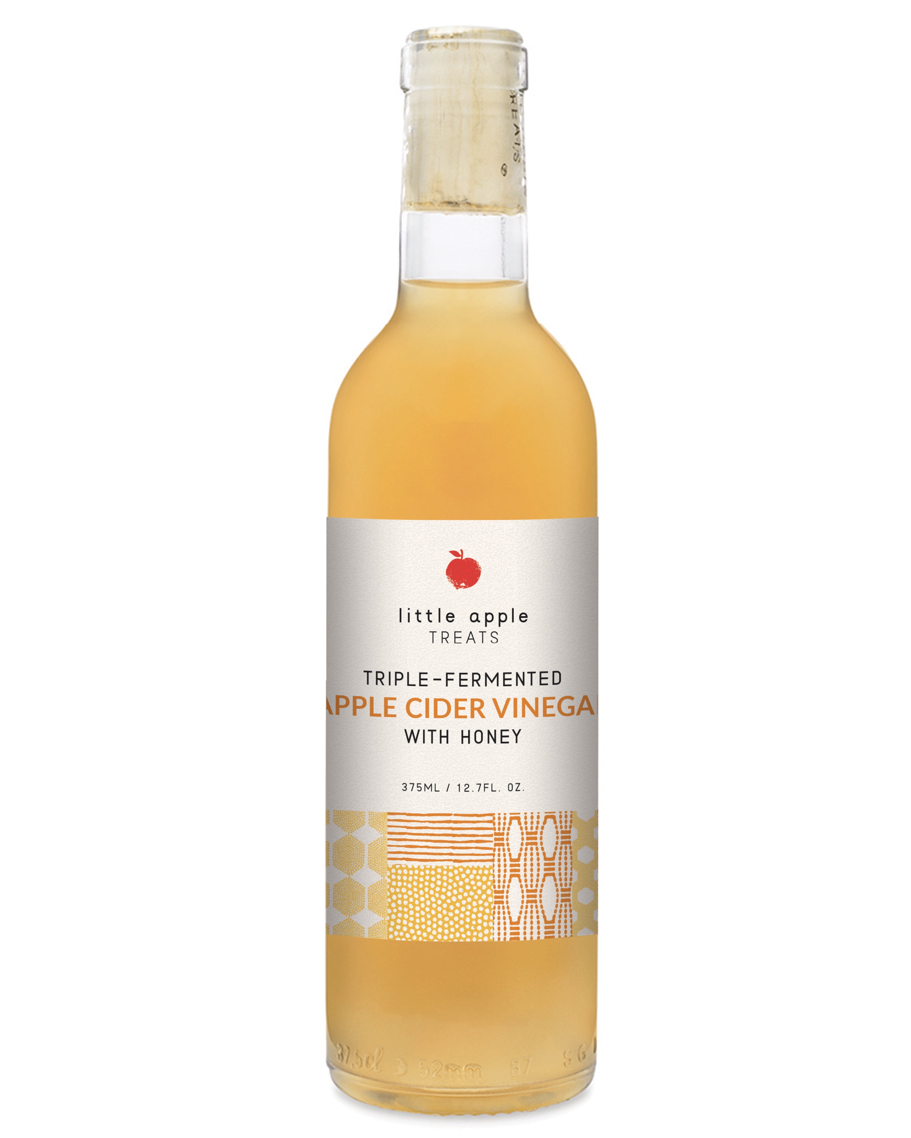 Bottle of Little Apple Treats triple-fermented apple cider vinegar with honey made using the traditional Orléans method
